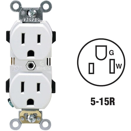 Leviton Straight Blade Receptacle, 5-15R, 15 A, 125V AC, 2 Pole, 3 Wire, Self-Grounded R72-05252-0WS